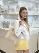 Geantă de umăr femei din piele fibră, bej - Karen Aldona