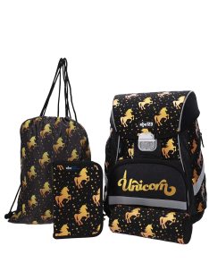   Set ghiozdan pentru copii mici cu unicorn, fete, 4 piese, negru - abc123
