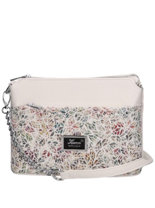 Geantă crossbody femei din piele fibră, mic, imprimeu floral, alb - Karen Andrea