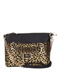   Geantă crossbody femei din piele fibră, mic, negru-auriu - Karen Andrea