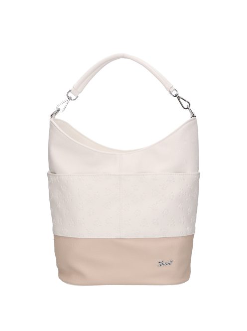 Geantă de umăr femei, piele fibră, imprimeu floral bej-alb - Karen Prima