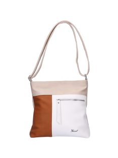   Geantă crossbody femei din piele fibră, bej închis-alb-maro roșcat - Karen Lena