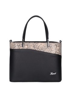   Geantă de mână femei, piele fibră cu imprimeu floral, negru-bej închis -  Karen Rolanda
