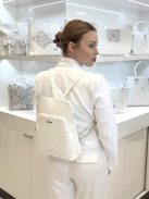 Rucsac femei din piele fibră, mic, imprimeu floral, alb - Karen Juta